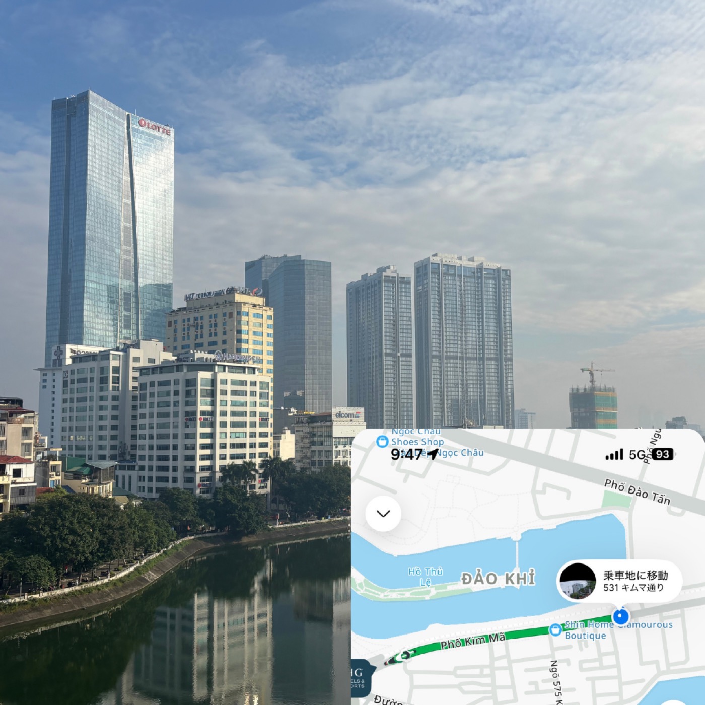 ベトナム・ハノイのロッテセンター付近でahamo(5G)でGrab配車マップを表示している様子
