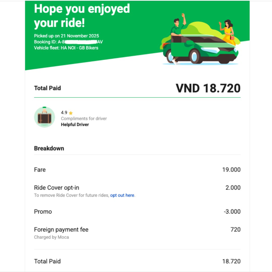 Grabのレシート。Foreign payment fee 720ドンの行が記載されている