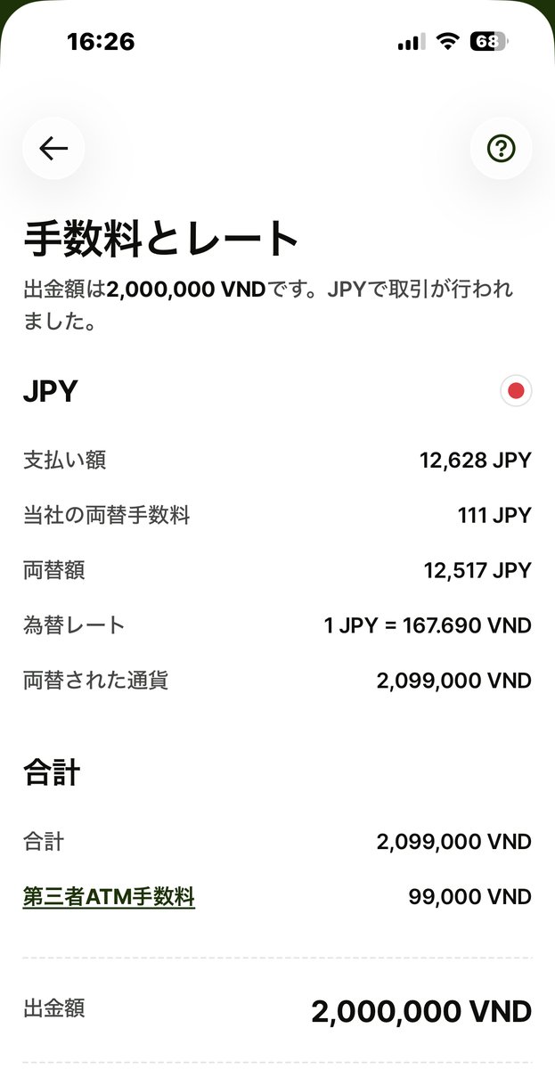 Wiseアプリの手数料内訳画面。支払い額12,628円・両替手数料111円・為替レート1円=167.690ドン・第三者ATM手数料99,000ドンが個別に表示されている