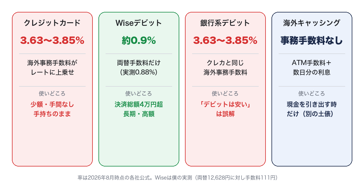 クレジットカード・Wiseデビット・銀行系デビット・海外キャッシングの手数料のかかり方と使いどころの図解