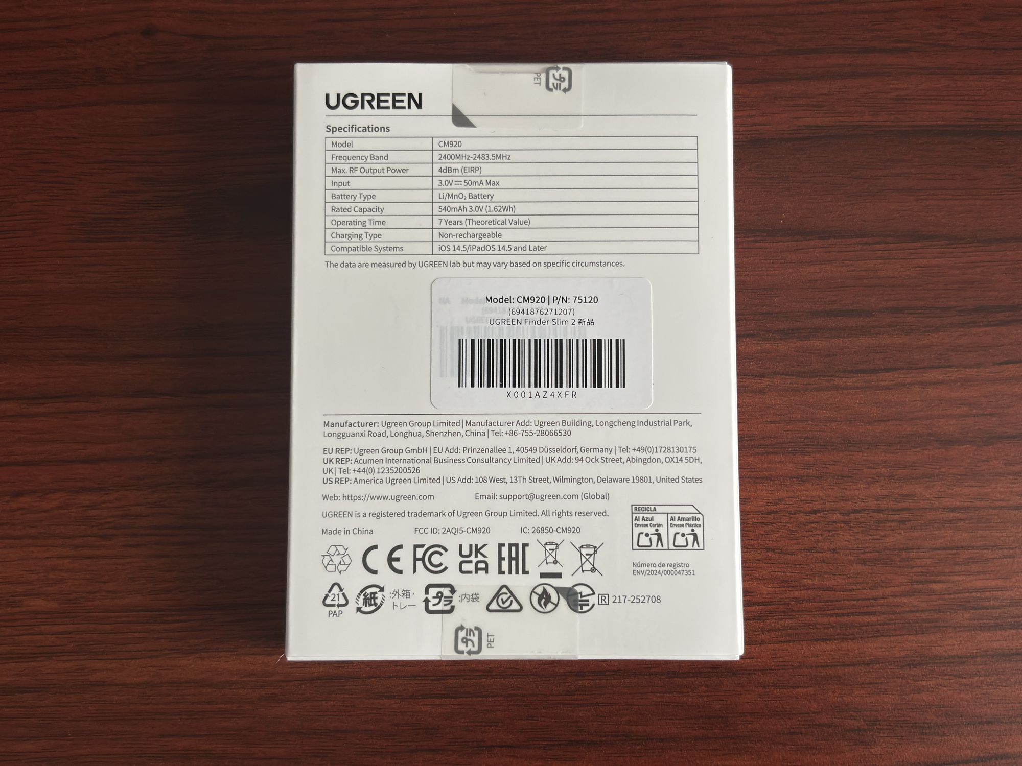 UGREEN Finder Slim 2（CM920）の箱裏Specifications