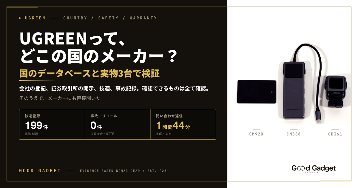 UGREENはどこの国のメーカーか。国のデータベースと実物3台で検証したことを示すアイキャッチ画像