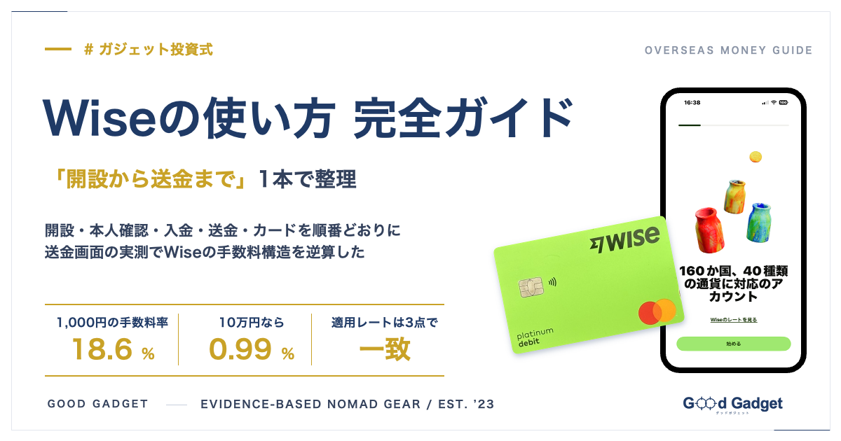 Wiseの使い方 完全ガイドのアイキャッチ。開設から送金まで1本で整理、1,000円の手数料率18.6%、10万円なら0.99%、適用レートは3点で一致