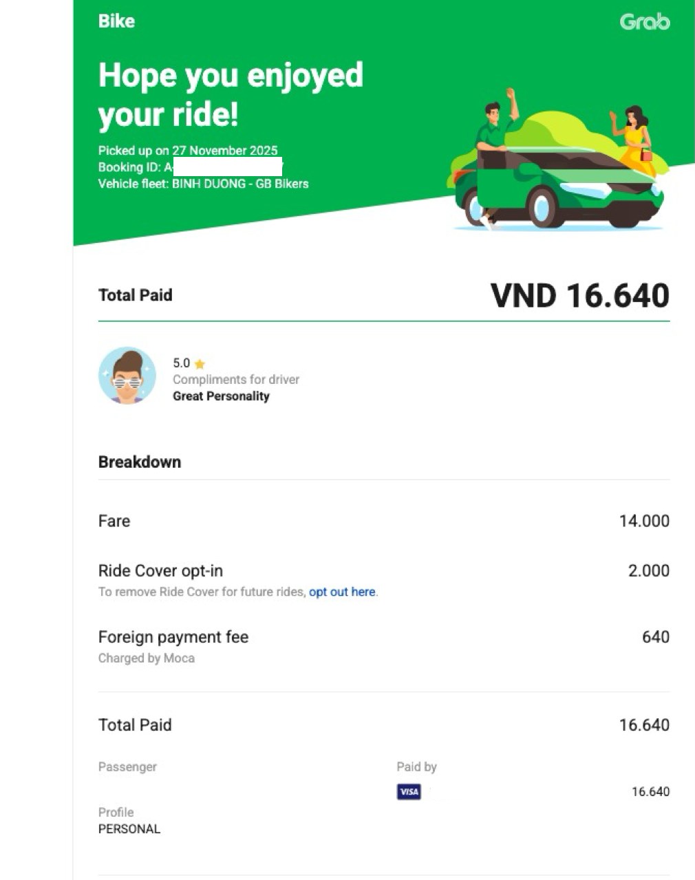 Grabのレシート（2025年11月27日・Booking ID A-8LOU…4AV）。Fare 14,000ドン＋Ride Cover 2,000ドン＋Foreign payment fee 640ドン＝合計16,640ドン
