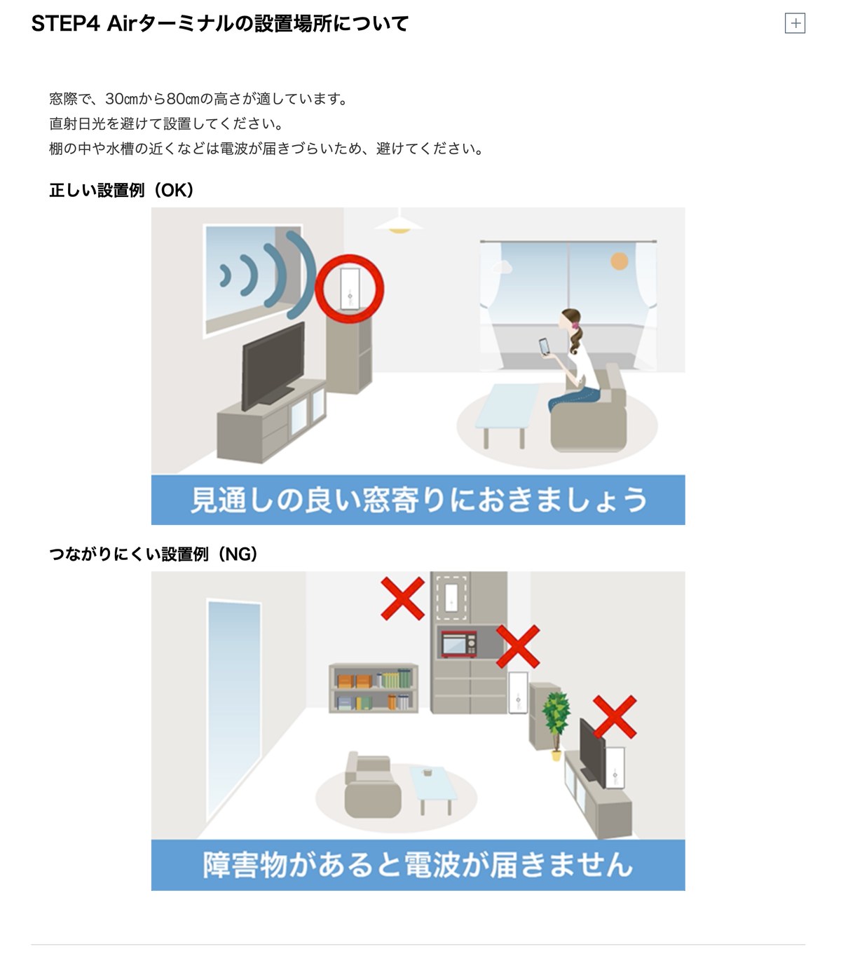 ソフトバンク公式FAQの設置場所の案内。「窓際で、30㎝から80㎝の高さが適しています」と記載され、正しい設置例とつながりにくい設置例のイラストが並ぶ