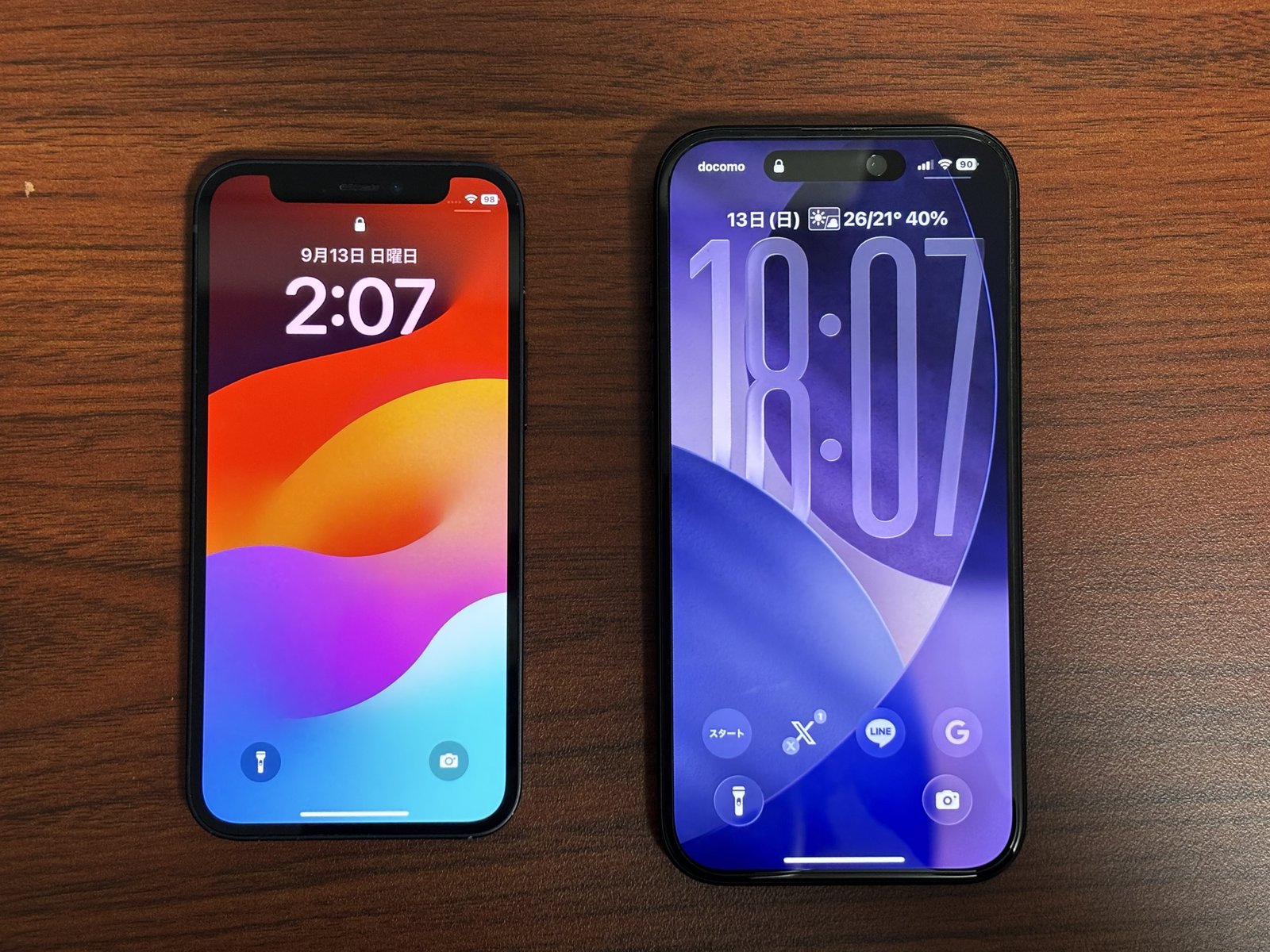 iPhone 12 mini(左)とiPhone 15(右)を並べた大きさの比較