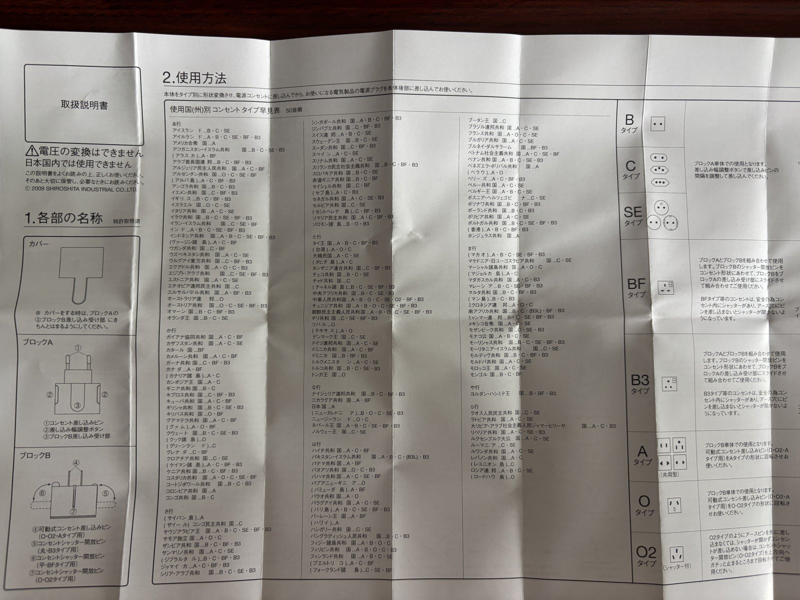 無印の取扱説明書の使用国別コンセントタイプ早見表