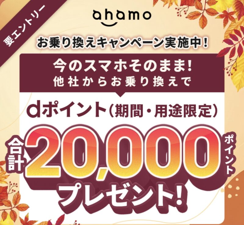 ahamo公式のお乗り換えキャンペーンページ。他社から乗り換えでdポイント（期間・用途限定）合計20,000ポイントプレゼント、要エントリー