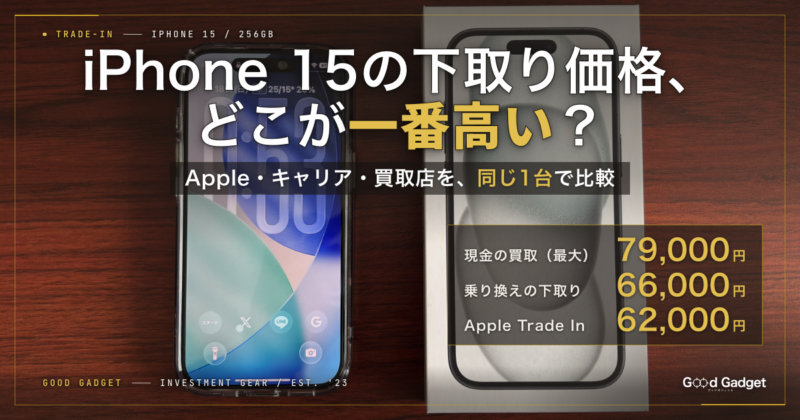 iPhone 15の下取り価格、どこが一番高い？ Apple・キャリア・買取店を同じ1台で比較（現金の買取 最大79,000円・乗り換えの下取り66,000円・Apple Trade In 62,000円）