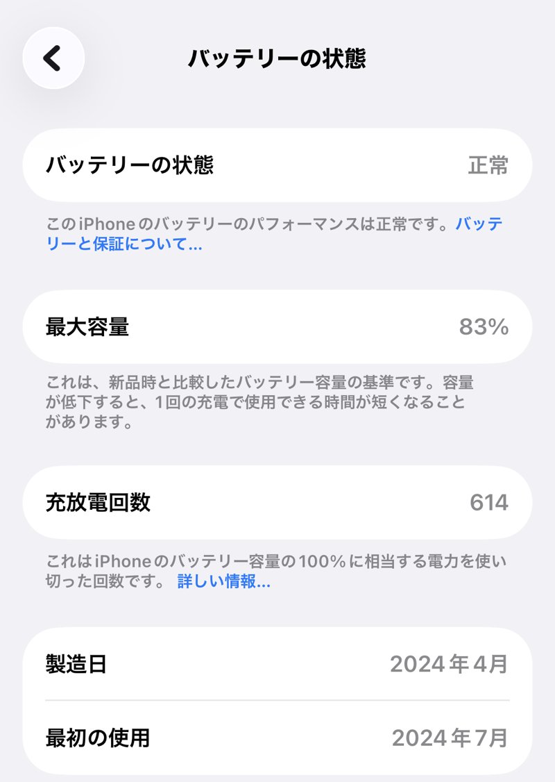 iPhone 15のバッテリーの状態。最大容量83%・充放電回数614回（2026年10月18日）